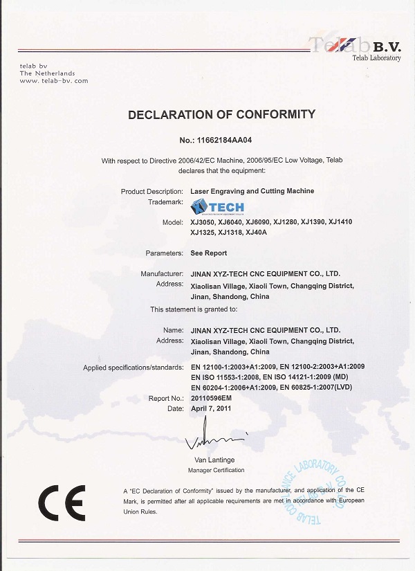 Jinan XYZ-TECH declaration of conformity by BV-4