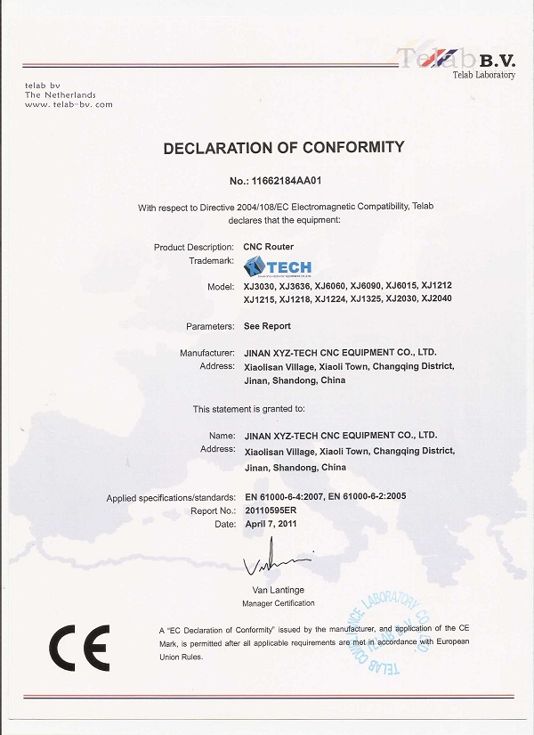 Jinan XYZ-TECH declaration of conformity by BV-1