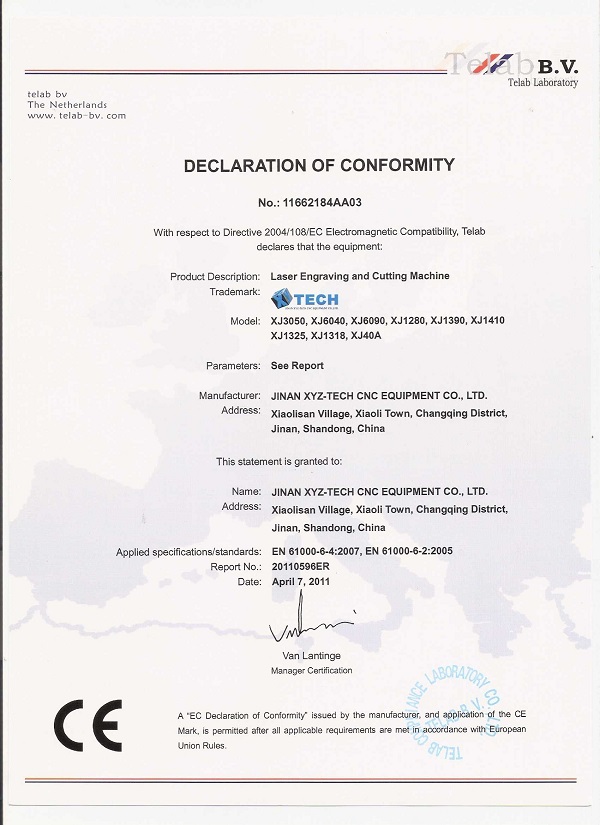 Jinan XYZ-TECH declaration of conformity by BV-3