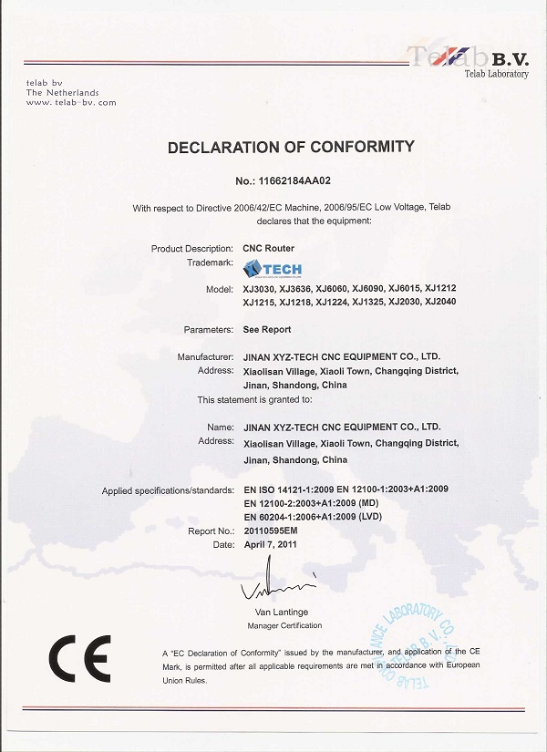 Jinan XYZ-TECH declaration of conformity by BV-2